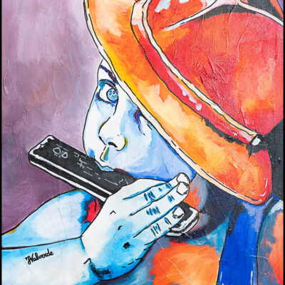 Peinture acrylique "Enfant à l'harmonica" dim. 61x50