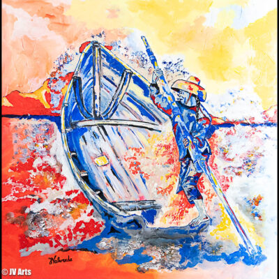 Peinture acrylique "Indonésien dans sa barque face aux vagues" dim. 100x100