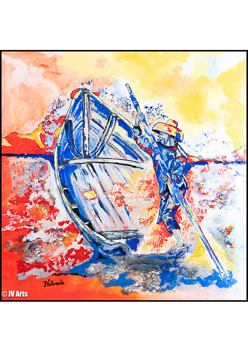 Peinture acrylique "Indonésien dans sa barque face aux vagues" dim. 100x100