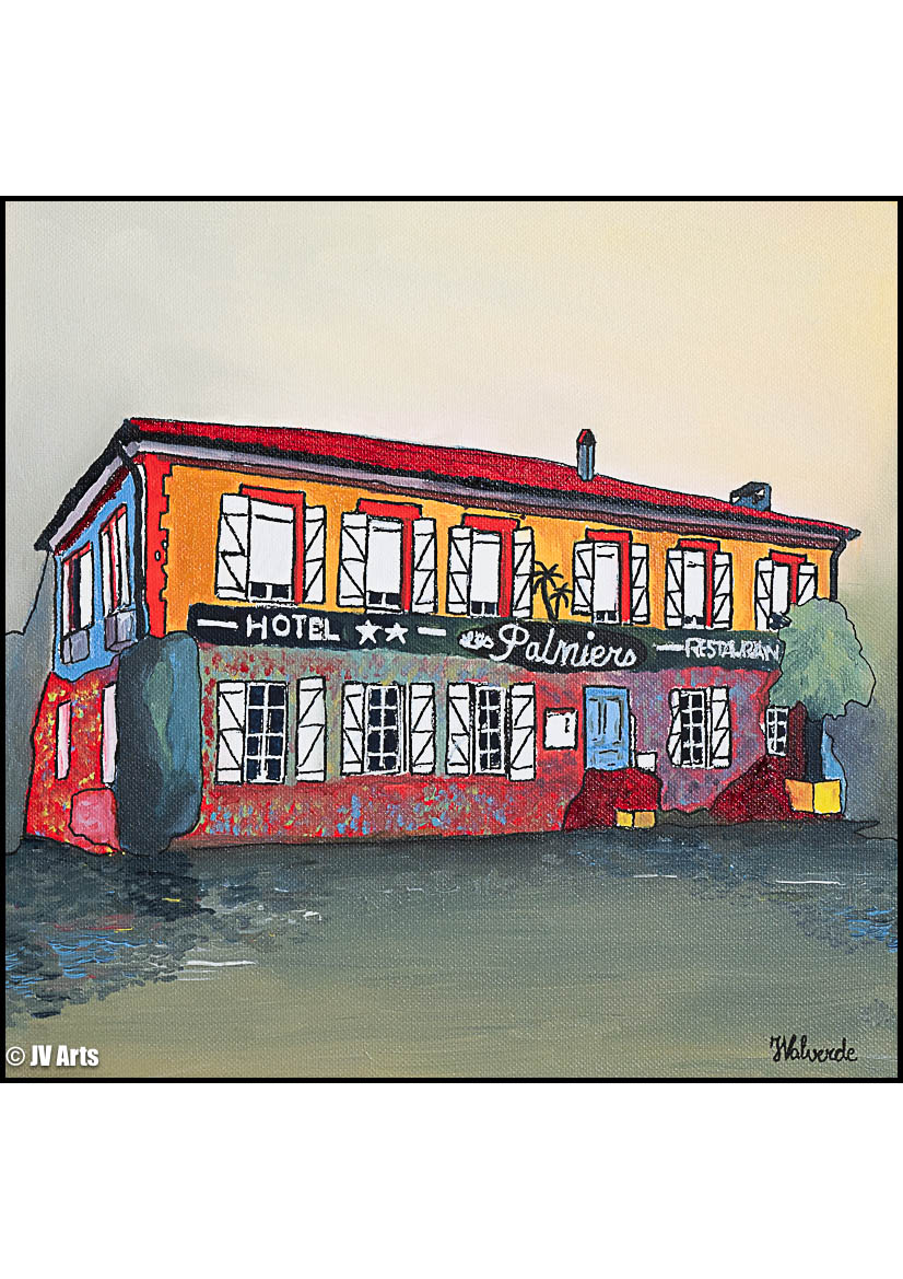 Peinture à l'huile "Restaurant Les Palmiers" dim. 30x3O