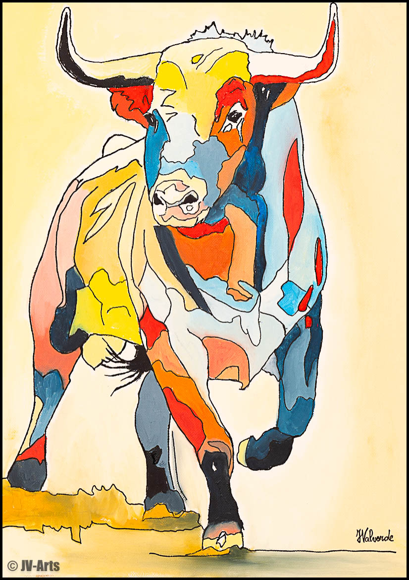 Peinture à l'huile "Taureau coloré" dim. 42x33