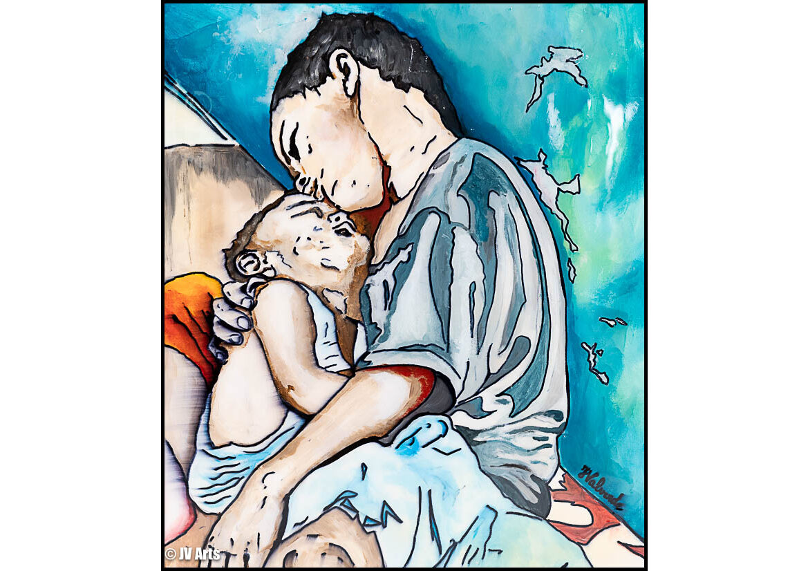 14 Peinture acrylique résine "Enfants dans la misère" dim. 56x48